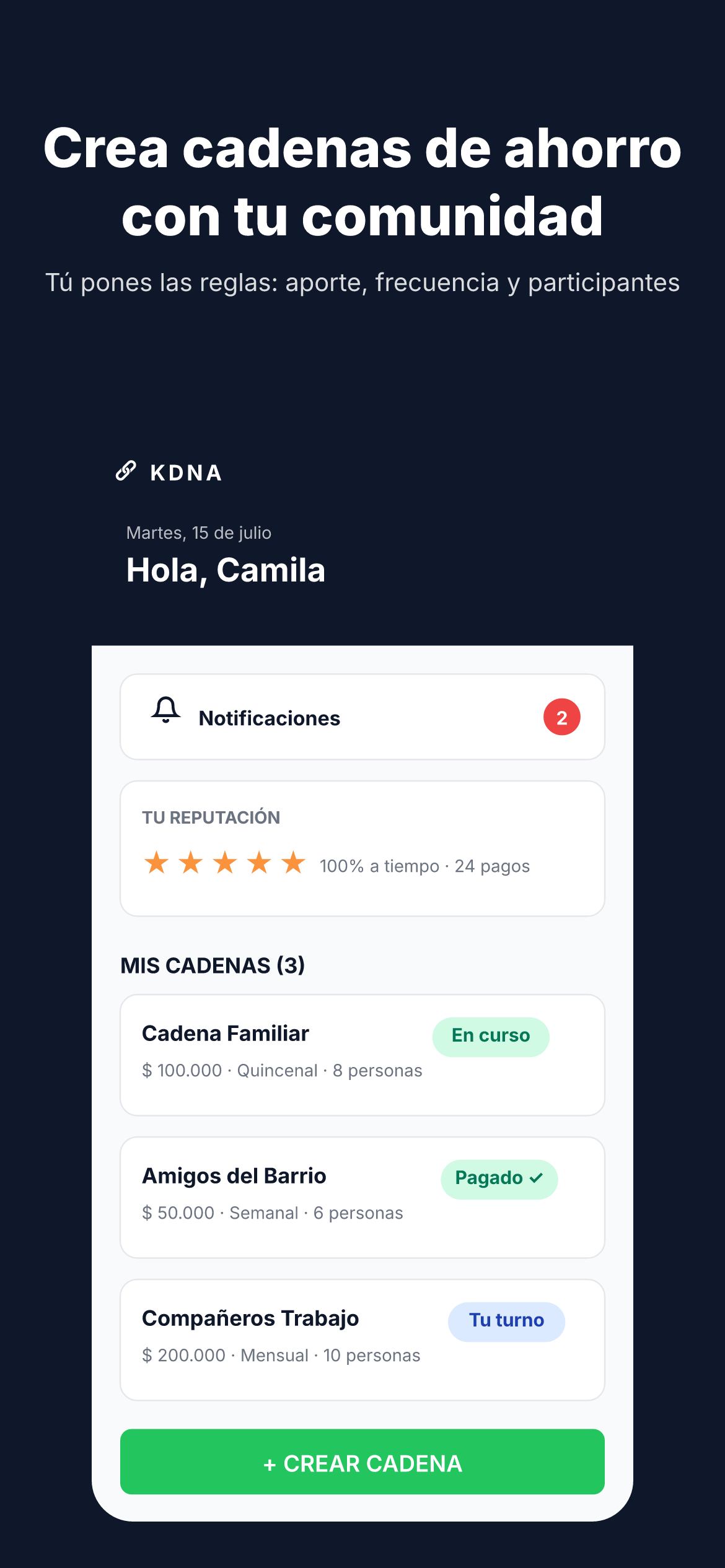 Panel de cadenas de KDNA con reputación y estados de pago